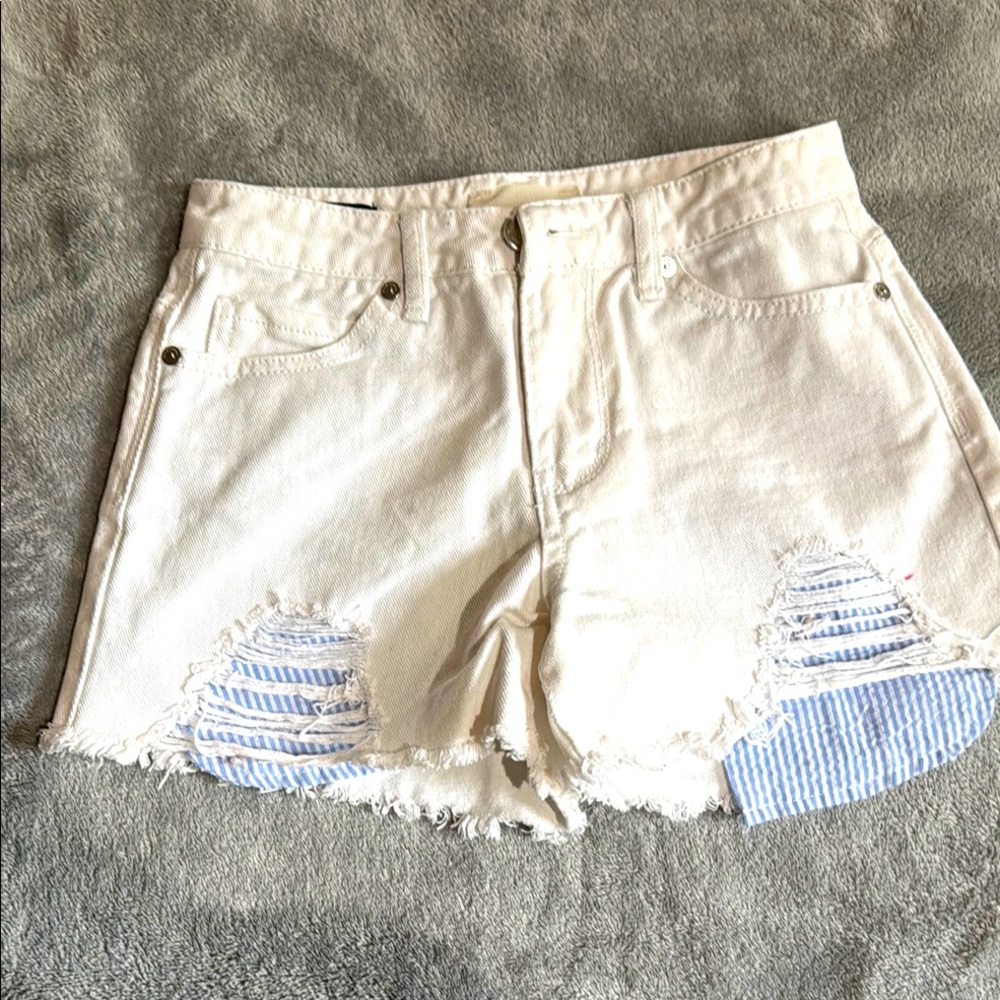 Kids White Denim Shorts with Blue gingham Accents